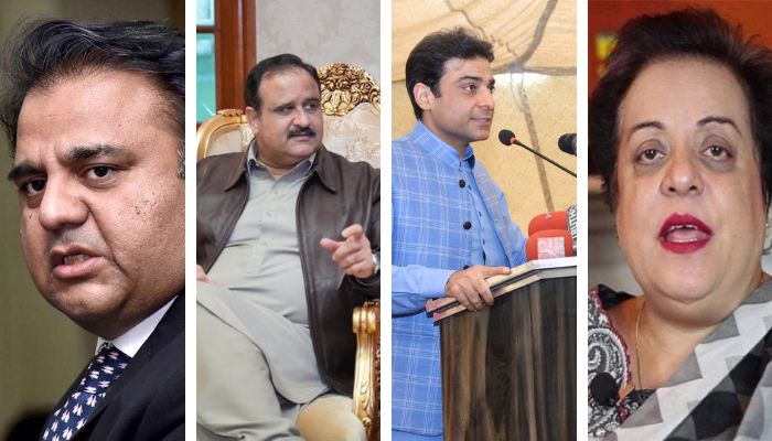 (L to R) PTI leaders Fawad Chaudhry, Usman Buzdar, PML-N leader Hamza Shahbaz, and PTIs Shireen Mazari. — Twitter
