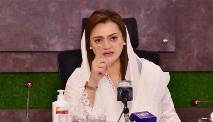 Information Minister Marriyum Aurangzeb speaking during a news conference. Photo—APP