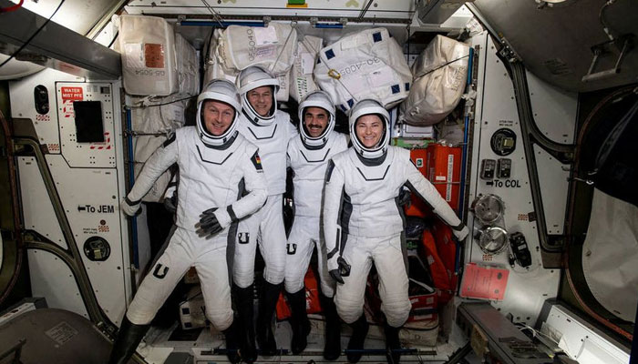 The four commercial crew astronauts representing NASA’s SpaceX Crew-3 mission are pictured in their Dragon spacesuits for a fit check aboard the International Space Stations Harmony module on April 21, 2022. From left, are ESA (European Space Agency) astronaut Matthias Maurer, and NASA astronauts Tom Marshburn, Raja Chari, and Kayla Barron.—Reuters
