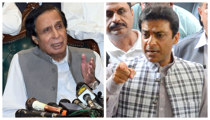 Punjab Assembly Speaker Pervez Elahi (left) and PML-N leader Hamza Shahbaz. — Online/File