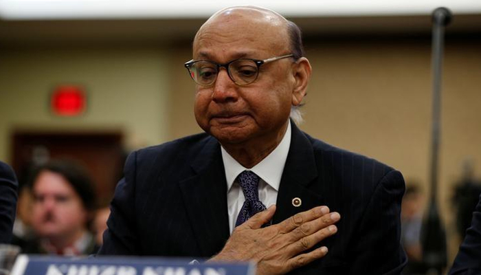 Gold-Star father Khizr Khan, father of US Army Captain Humayun Khan who was killed in 2004 in Iraq, puts his hand to his heart as he takes part in a discussion panel on the Muslim and refugee ban in the US Capitol in Washington, on February 2, 2017. — Reuters