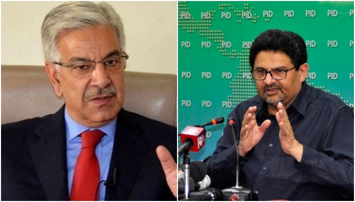 Defence Minister Khwaja Asif (L) and Finance Minister Miftah Ismail. — APP/File