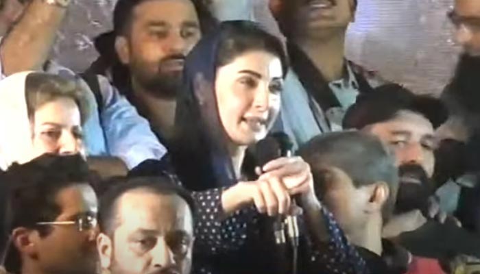 PML-N Vice President Maryam Nawaz addressing a jalsa in the PP-167 constituency ahead of the Punjab by-polls, on July 2, 2022. -- YouTube/Geo News