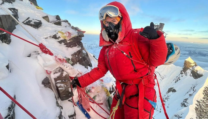 Young British mountaineer Adriana Brownlee poses for a picture while scaling Nanga Parbat. — Instagram/@adri.brownlee