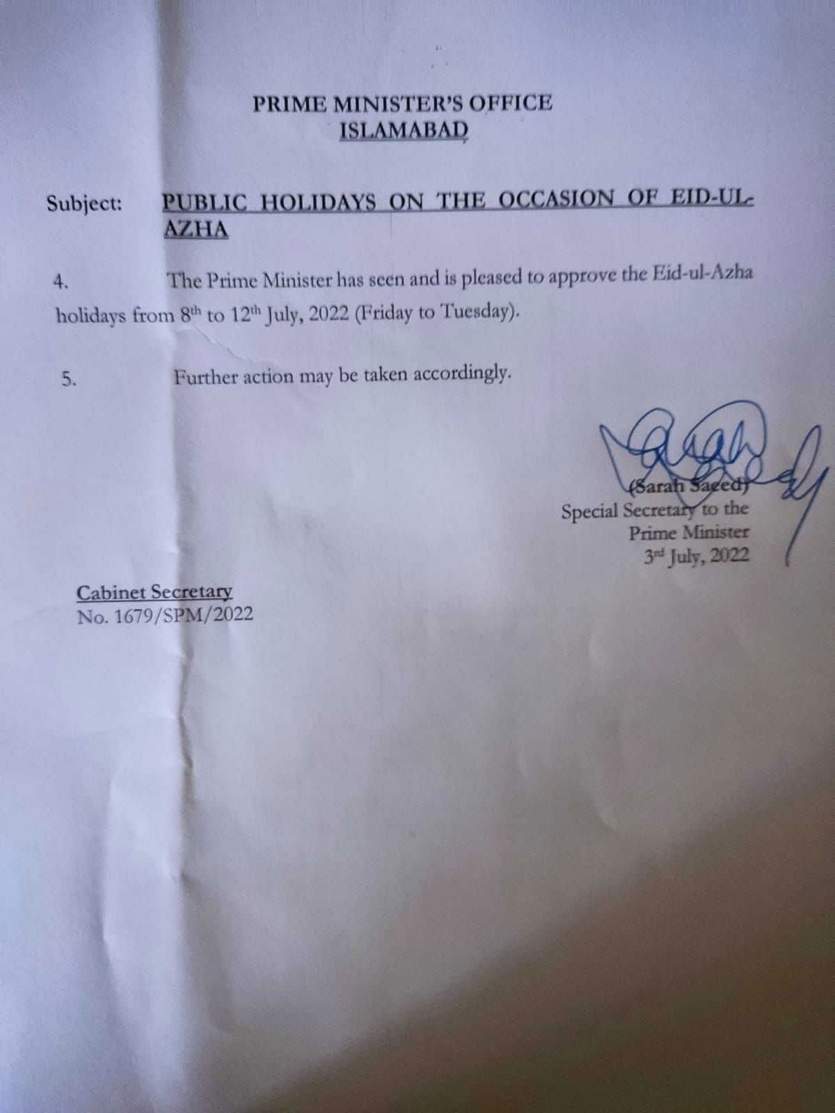 Eid Ul Adha 2022 Holidays in Pakistan Notification Govt announces five-day Eid ul Adha holidays in Pakistan