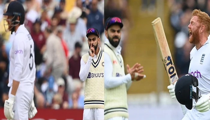 Image collage showing Virat Kohli gesturing at Johnny Bairstow — Cricinfo