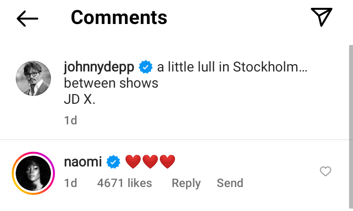 Naomi Campbell sends love to Johnny Depp