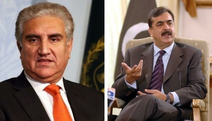 Former Prime Minister and PPP Senate parliamentary leader Yusuf Raza Gilani (left) and former foreign minister Shah Mahmood Qureshi (right) —File/Geo.tv