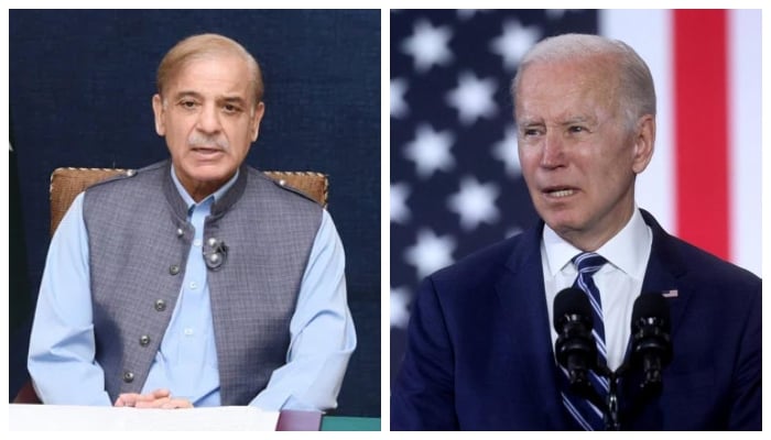 Prime Minister Shehbaz Sharif (L) and US President Joe Biden (R). — Screengrab via Twitter/@abubakarumer/Reuters/File