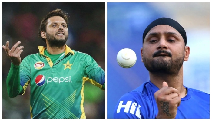 A collage of Shahid Afridi (L) and Harbhajan Singhs (R) pictures. — AFP/File