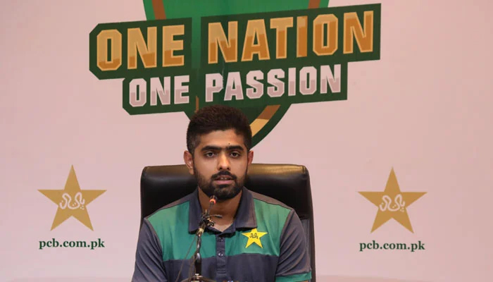 Pakistans all-format captain Babar Azam addressing a press conference in Lahore, on July 4, 2022. — PCB