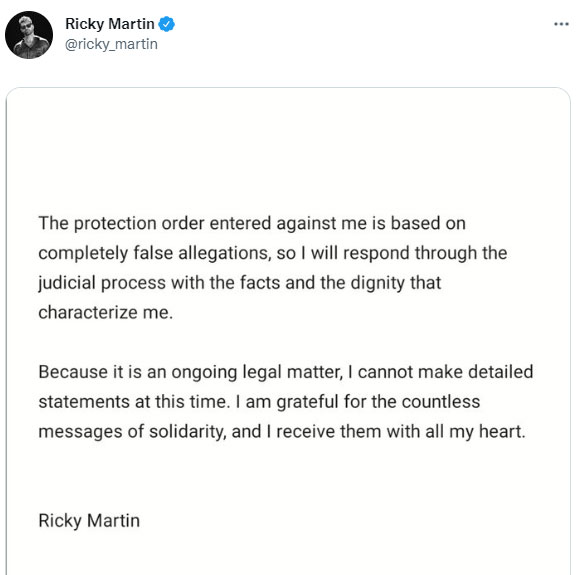 Ricky Martin issues statement against domestic abuse claim on social media