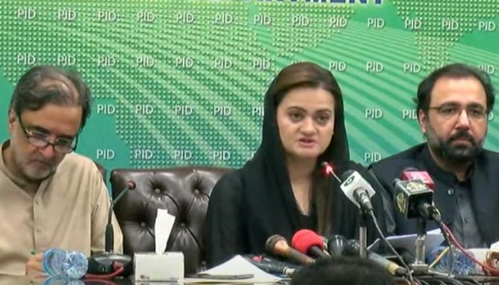 Information Minister Marriyum Aurangzeb speaking at a press conference in Islamabad on July 4, 2022. — Screengrab/Hum News Live