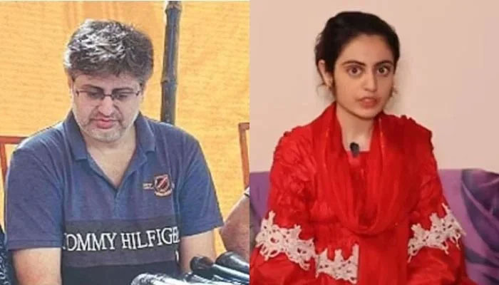 Mehdi Kazmi (left) addresses a press conference and his daughter Dua Zahra appears in an online interview. — Screengrabs