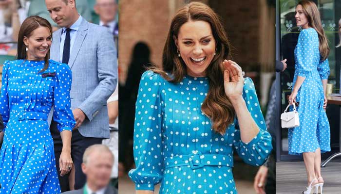 Kate Middleton looks ethereal in blue and white polka dot dress as she arrives at Wimbledon with William