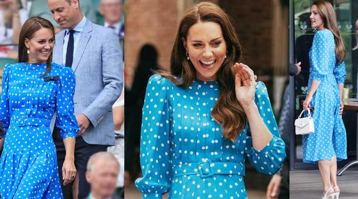 Kate Middleton looks ethereal in blue and white polka dot dress as she arrives at Wimbledon with William