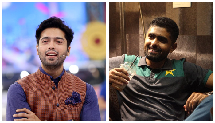 Pakistan cricket team skipper Babar Azam (right) and actor Fahad Mustafa. — Twitter/File