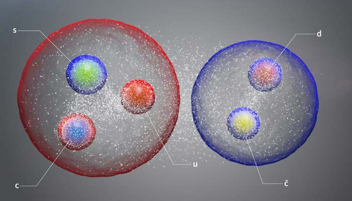The new pentaquark, illustrated here as a pair of standard hadrons loosely bound in a molecule-like structure.— Reuters