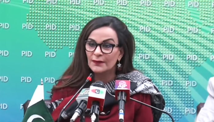 Minister for Climate Change Sherry Rehman addressing a press conference at the Press Information Department in Islamabad, on July 6, 2022. — YouTube/PTVNewsLive