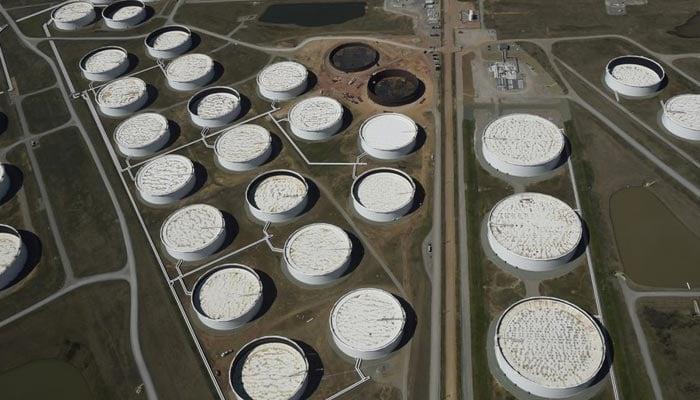 Crude oil storage tanks are seen from above at the Cushing oil hub, in Cushing, Oklahoma, on March 24, 2016. — Reuters/File