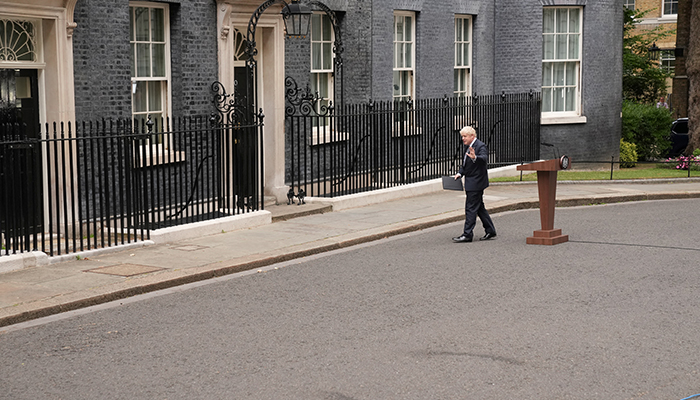 British Prime Minister Boris Johnson gestures as he makes a statement at Downing Street in London, Britain, July 7, 2022. — Reuter