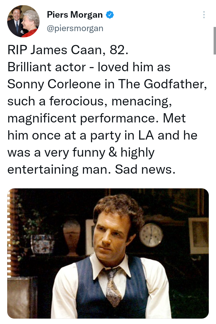 Piers Morgan reacts to death of Godfather actor James Caan