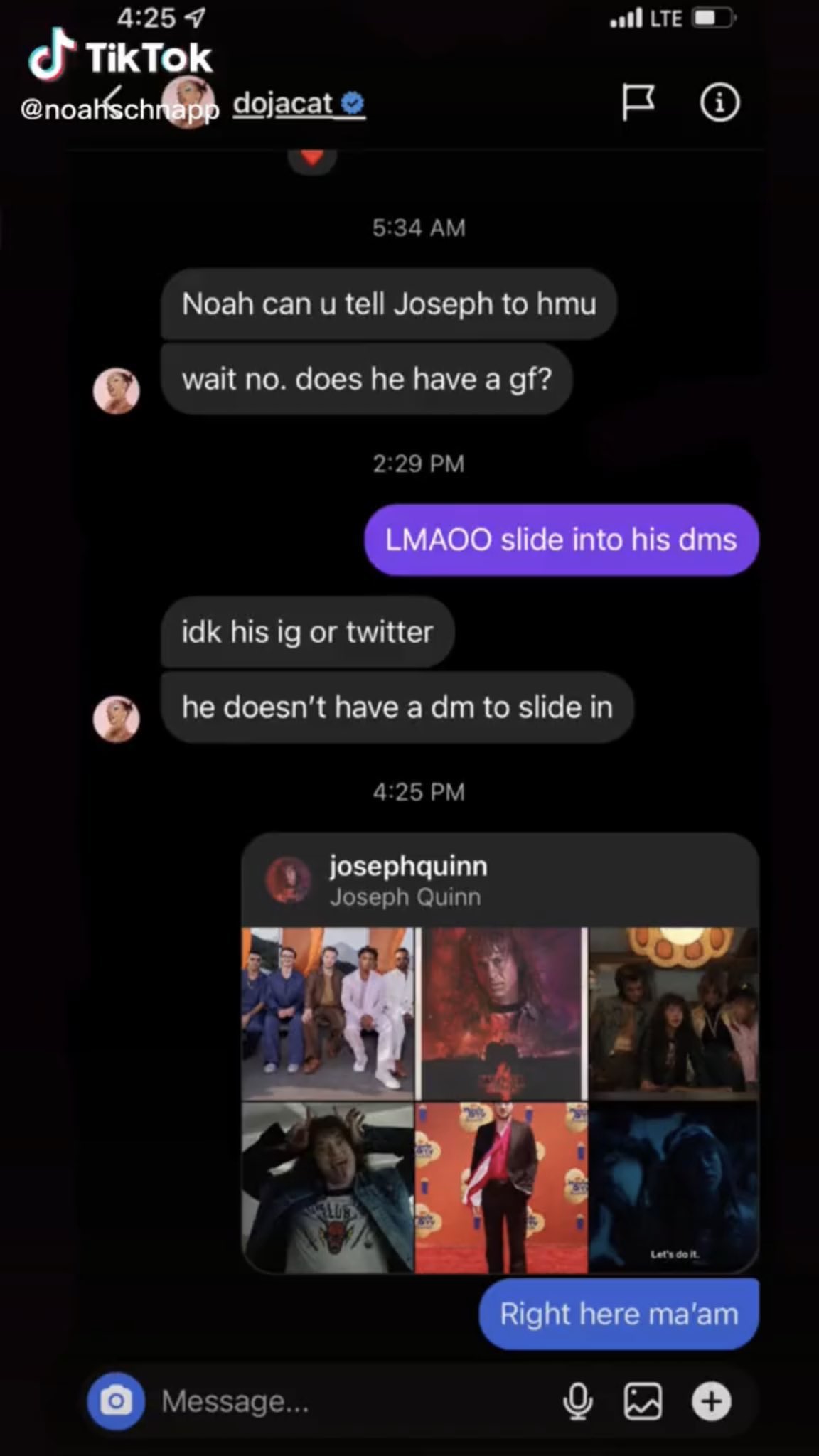 Screenshot of Doja Cats message to Noah Schnapp about Joseph Quinn goes viral