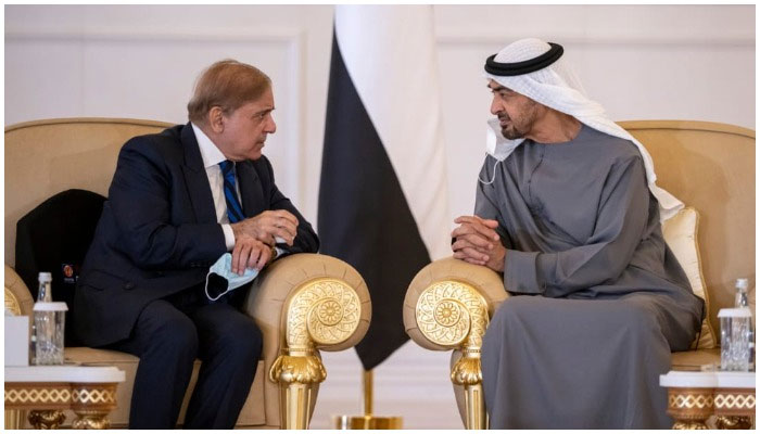 PM Shehbaz Sharif in meeting with UAEs Sheikh Mohamed Bin Zayed Al Nahyan. — PMO/ File