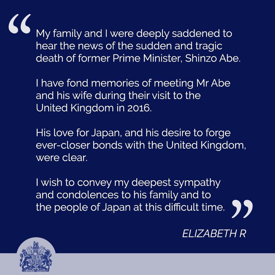 Queen Elizabeth reacts to the murder of former prime minister of Japan