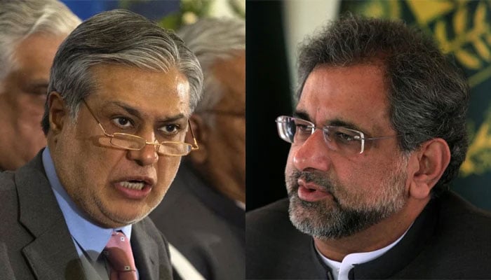 Shahid Khaqan Abbasi (L) says that former finance minister Ishaq Dar (R) will not come back to Pakistan soon. Photo: Reuters/file