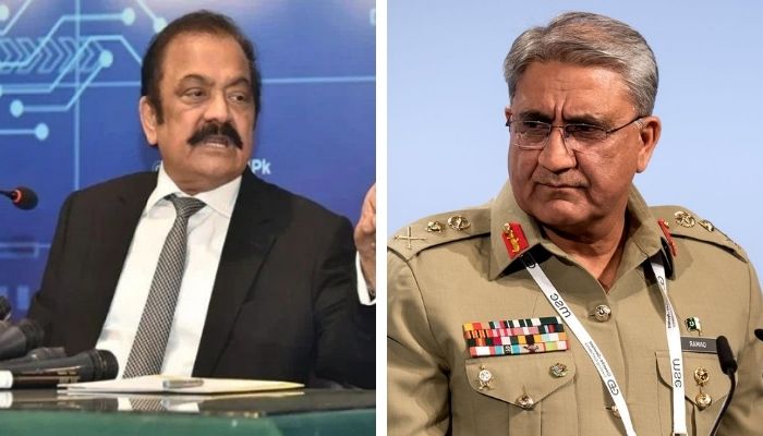 Interior Minister Rana Sanaullah addresses a press conference at the Ministry of Interior in Islamabad, on April 22, 2022. — YouTube/PTV and  General Qamar QamarJaved Bajwa