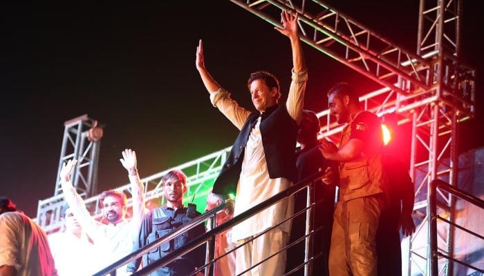 PTI Chairman Imran Khan addressing a jalsa ahead of the July 17 by-poll in Punjab, on July 11, 2022. — Twitter/@MusaNV18