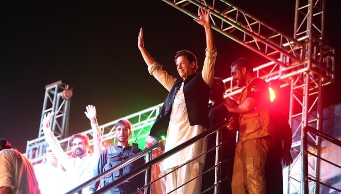 PTI Chairman Imran Khan addressing a jalsa ahead of the July 17 by-poll in Punjab, on July 11, 2022. — Twitter/MusaNV18