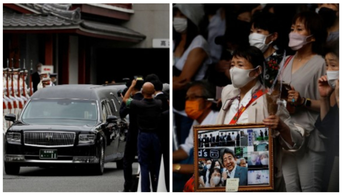 Image collage showing a vehicle carrying the body of the late former Japanese Prime Minister Shinzo Abe (L) while the second picture shows people waiting for end of the funeral. — Reuters/Issei Kato
