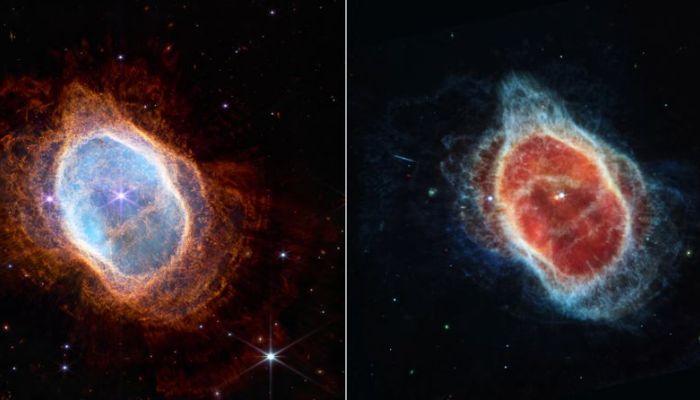 Two side-by-side images show observations of the Southern Ring Nebula in near-infrared light, at left, and mid-infrared light, at right, from NASAs James Webb Space Telescope, a revolutionary apparatus designed to peer through the cosmos to the dawn of the universe and released July 12, 2022. In the Near-Infrared Camera (NIRCam) image, the white dwarf appears to the lower left of the bright, central star, partially hidden by a diffraction spike. The same star appears – but brighter, larger, and redder – in the Mid-Infrared Instrument (MIRI) image. This white dwarf star is cloaked in thick layers of dust, which make it appear larger.— Reuters