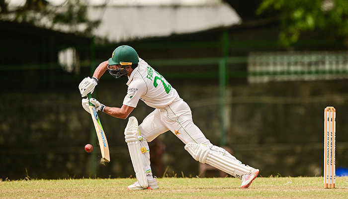 Pakistans Test batter Fawad Alam hits a shot during a practice match at the Colts Cricket Club Ground in Colombo, on July 13, 2022. — Twitter/TheRealPCB