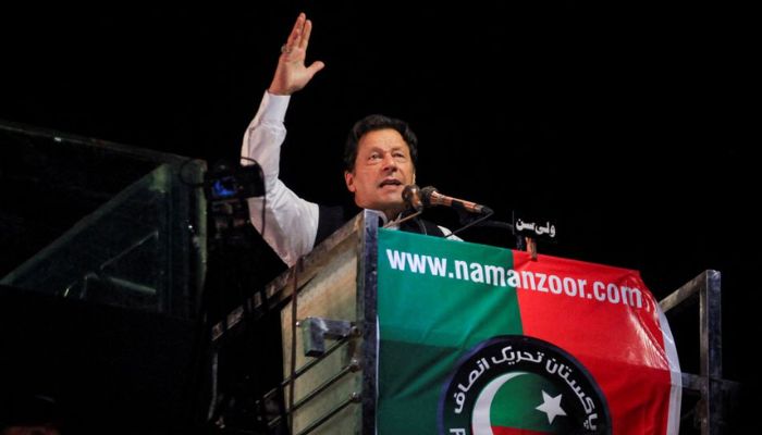 Ousted Pakistani Prime Minister Imran Khan gestures as he addresses supporters during a rally, in Lahore, Pakistan April 21, 2022. — Reuters