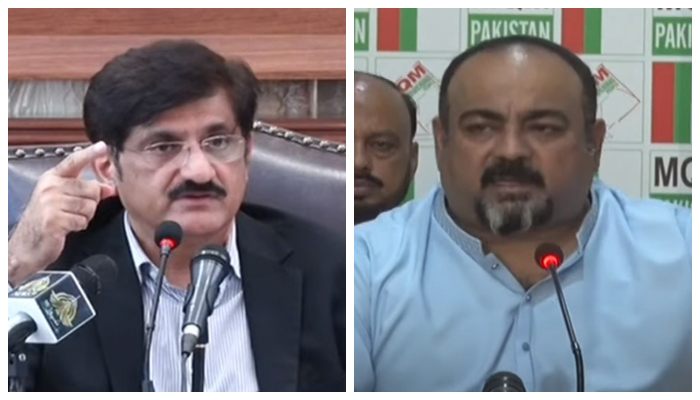 Chief Minister Sindh Murad Ali Shah (left) andMQM-P leader Khawaja Izharul Hassan address separate press conferences in Karachi, on July 13, 2022. — YouTube/Screengrabs