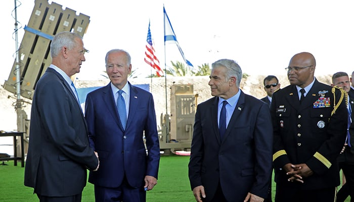 US President Joe Biden, Israeli caretaker Prime Minister Yair Lapid, Israeli Defence Minister Benny Gantz and US Defence Attache in Israel, Brigadier General Shawn A. Harris stand in front of Israels Iron Dome defence system, during a tour at Ben Gurion Airport, in Lod, near Tel Aviv, Israel, July 13, 2022. — Reuters