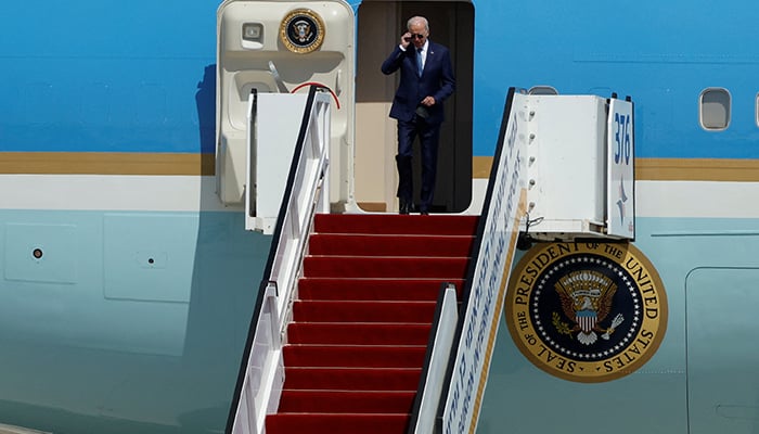 US President Joe Biden descends from Air Force One at Ben Gurion International Airport in Lod, near Tel Aviv, Israel, July 13, 2022. — Reuters