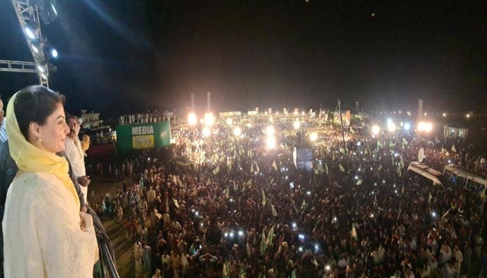 PML-N Vice President Maryam Nawaz addressing a jalsa in Layyah ahead of by-polls in Punjab on July 13, 2022. — Twitter/@pmln_org