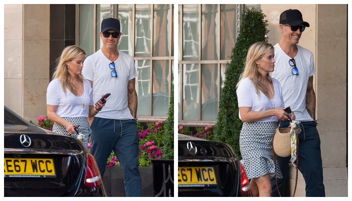 Reese Witherspoon serves a killer look in green miniskirt and white top