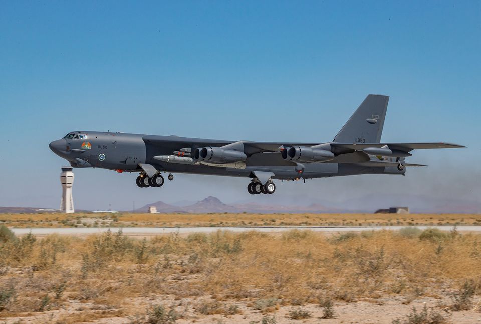 A B-52H Stratofortress takes off from Edwards Air Force Base, California, carrying an AGM-183A Air-launched Rapid Response Weapon, or ARRW, May 14, 2022.Photo— US Air Force/Matt Williams