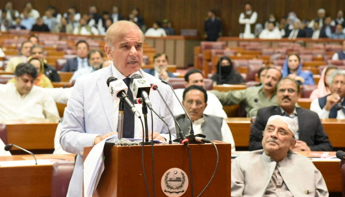 prime minister-elect Shehbaz Sharif speaks after winning a parliamentary vote to elect a new prime minister, at the national assembly, in Islamabad, Pakistan April 11, 2022. Press Information Department (PID)/Handout via Reuters.