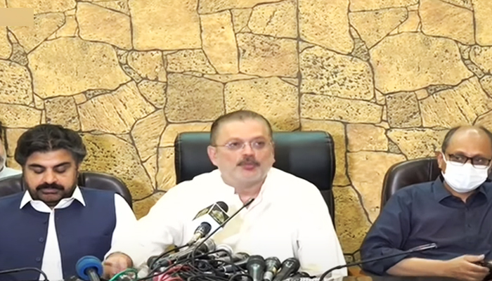 (L to R) Provincial ministers Nasir Hussain Shah, Sharjeel Memon, and Saeed Ghani addressing a press conference in Karachi, on July 15, 2022. — YouTube Screengrab