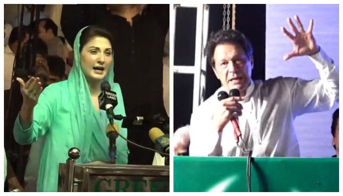 PML-N Vice President Maryam Nawaz (left) and PTI Chairman Imran Khan addressing public gatherings in separate cities of Punjab ahead of the by-polls in the province, on July 15, 2022. — Twitter/Facebook