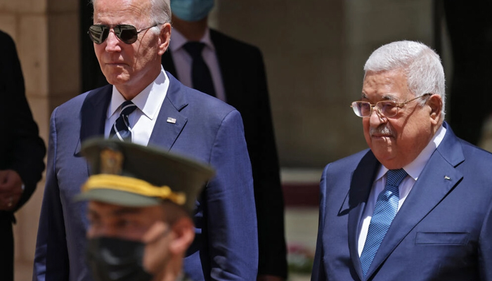 US President Joe Biden is received by Palestinian President Mahmud Abbas in Bethlehem, on July 15, 2022. — AFP