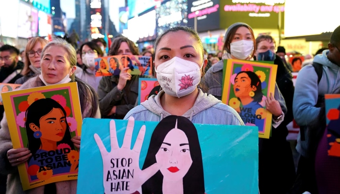 Protests take place in Times Square on March 16, 2022, following a rise in anti-Asian hate crimes across the city. — AFP/File