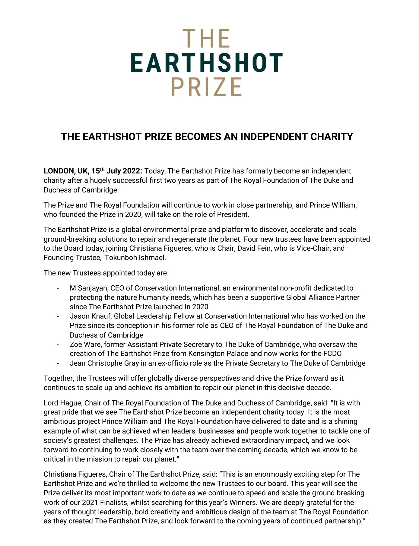 Kensington Palace issues statement on Prince Williams Earthshot Prize