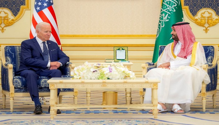 Saudi Crown Prince Mohammed bin Salman and US President Joe Biden meet at Al Salman Palace upon his arrival in Jeddah, Saudi Arabia, July 15, 2022. Photo—Bandar Algaloud/Courtesy of Saudi Royal Court/Handout via REUTERS